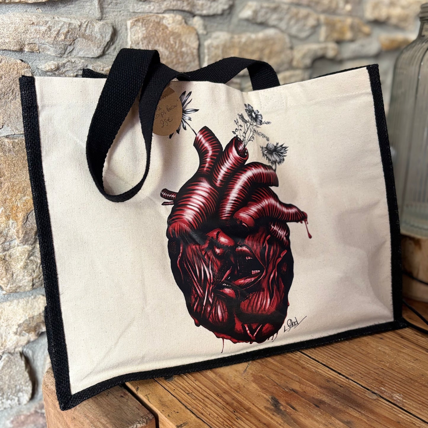 Sac-Cabas-coton-bicolor-noir-le-cœur-sanglant-le-corps-beau
